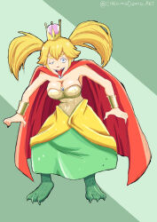 Rule 34 | 1girl, absurdres, bare shoulders, bracer, breasts, cape, chromodomo, donkey kong (series), donkey kong country, dress, female focus, full body, green background, half-closed eye, highres, king k. rool, looking at viewer, mario (series), medium breasts, multicolored clothes, multicolored dress, new super mario bros. u deluxe, nintendo, open mouth, red cape, reptile girl, sharp teeth, simple background, smile, strapless, strapless dress, super crown, teeth, tongue, tongue out, twintails