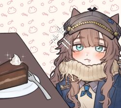 1girl :&lt; animal_ears animal_print blue_coat blue_eyes blue_neckerchief blush brown_hair cabbie_hat cake cake_slice cat_ears cat_print coat drooling fish_hat_ornament food fork grey_hat hat ioi_33333 kemonomimi_mode long_hair looking_at_viewer marcus_(reverse:1999) neckerchief plate print_background reverse:1999 sachertorte_(food) saliva scarf solo sparkle table upper_body white_scarf