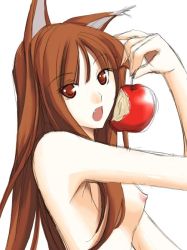 Rule 34 | 00s, 1girl, animal ears, apple, breasts, food, fruit, holo, nipples, nude, ribi, small breasts, solo, spice and wolf, wolf ears