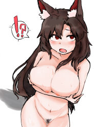 Rule 34 | !?, 1girl, :o, animal ear fluff, animal ears, arms under breasts, blush, breasts, brown hair, commentary request, completely nude, female pubic hair, highres, imaizumi kagerou, iwarasaikou, large breasts, looking at viewer, lower teeth only, nipples, nude, open mouth, pubic hair, red eyes, simple background, solo, spoken interrobang, tail, teeth, touhou, upturned eyes, white background, wolf ears, wolf tail