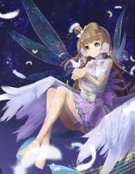 Rule 34 | 1girl, barefoot, bow, bowtie, brown hair, bug, butterfly, cupping hands, fairy wings, feathers, hair rings, highres, insect, long hair, love live!, love live! school idol festival, love live! school idol project, minami kotori, orein, own hands together, skirt, smile, solo, striped bow, striped bowtie, striped clothes, thigh strap, wings, yellow eyes