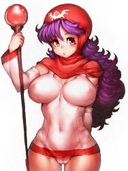 Rule 34 | 1girl, :o, arm behind back, breasts, covered erect nipples, covered navel, dragon quest, dragon quest ii, fumio (rsqkr), large breasts, looking at viewer, princess of moonbrook, purple hair, red eyes, simple background, skin tight, solo, square enix, staff, thighs, white background