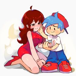 Rule 34 | 1boy, 1girl, absurdres, ahoge, baseball cap, benzbt, blue hair, blue pants, blush, blush stickers, boyfriend (friday night funkin&#039;), breasts, brown hair, cleavage, crying, crying with eyes open, dress, friday night funkin&#039;, full body, girlfriend (friday night funkin&#039;), hand on another&#039;s cheek, hand on another&#039;s face, hat, height difference, high heels, highres, large breasts, long hair, pants, red dress, red footwear, seiza, shirt, shoes, sitting, standing, tears, white shirt