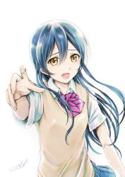 Rule 34 | 1girl, blue hair, bow, bowtie, commentary request, hair between eyes, highres, long hair, looking at viewer, love live!, love live! school idol project, open mouth, otonokizaka school uniform, red bow, red bowtie, school uniform, short sleeves, simple background, solo, sonoda umi, standing, striped bow, striped bowtie, striped clothes, striped neckwear, suito, vest, white background, yellow eyes