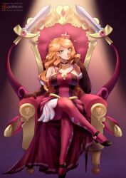 Rule 34 | 1girl, breasts, choker, creatures (company), crown, desireeu, game freak, gen 6 pokemon, gloves, green eyes, hair ornament, heart, heart hair ornament, high heels, highres, honedge, large breasts, looking at viewer, mini crown, nintendo, official alternate costume, orange hair, pokemon, pokemon (creature), pokemon masters ex, sitting, sonia (pokemon), sonia (special costume) (pokemon), sword, throne, weapon