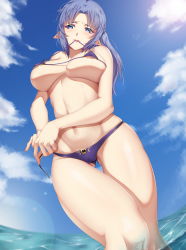 Rule 34 | 1girl, absurdres, areola slip, bikini, blue eyes, blue hair, blush, breasts, cameltoe, collarbone, covered erect nipples, embarrassed, fate/grand order, fate (series), from below, highres, kamkac, large breasts, long hair, looking at viewer, looking down, medea (fate), micro bikini, mouth hold, ocean, partially submerged, pointy ears, ponytail, solo, standing, swimsuit, thigh gap, underboob, wading, wardrobe malfunction