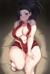 Rule 34 | 1girl, bare shoulders, barefoot, belly, black eyes, black hair, blush, boku no hero academia, breasts, center opening, cleavage, collarbone, curvy, feet, high ponytail, highres, large breasts, leaning back, leotard, long hair, looking at viewer, moisture (chichi), nipple slip, nipples, parted lips, plump, ponytail, red leotard, solo, thick thighs, thighs, wide hips, yaoyorozu momo