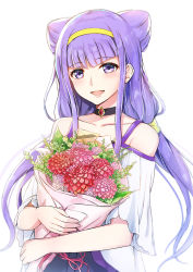 Rule 34 | 10s, 1girl, :d, bad id, bad pixiv id, black choker, blunt bangs, bouquet, choker, collarbone, commentary request, cone hair bun, double bun, flower, hair bun, hairband, holding, holding bouquet, hugtto! precure, long hair, looking at viewer, low twintails, open mouth, precure, purple eyes, purple hair, ruru amour, simple background, smile, solo, tokeshi, twintails, white background, yellow hairband