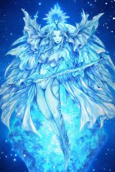 Rule 34 | 1girl, blue background, blue theme, breasts, cleavage, crystal, final fantasy, final fantasy xiv, fins, full body, head fins, head wings, highres, hydaelyn, looking at viewer, lunaraven, pale skin, smile, solo, sword, tiara, weapon, white hair, wings