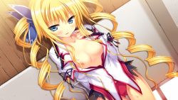 Rule 34 | 1girl, against wall, blonde hair, blue eyes, blush, breasts, drill hair, dutch angle, eufonie, eve elain austin, game cg, koiken otome, koiken otome revive, lingerie, long hair, long sleeves, looking at viewer, nipples, open clothes, open shirt, panties, red panties, school uniform, shirt, skirt, small breasts, smile, solo, sweatdrop, tateha (marvelous grace), twintails, underwear