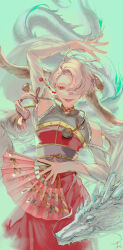 Rule 34 | 1boy, androgynous, arm up, aroku art, blonde hair, chinese new year, crossdressing, dancing, dangle earrings, dated commentary, dragon, dress, dynamic pose, earrings, eastern dragon, eyelashes, folding fan, green background, hair over one eye, hand fan, head wings, highres, jack jeanne, jewelry, long hair, long sleeves, looking at viewer, low ponytail, mole, mole under mouth, open mouth, red eyes, side part, smile, standing, takashina sarafumi, wings