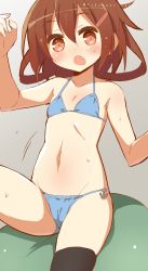 Rule 34 | 10s, 1girl, 9law, anchor, bad id, bad pixiv id, blue bra, blue panties, bra, brown eyes, brown hair, fang, flat chest, hair ornament, hairclip, highres, ikazuchi (kancolle), kantai collection, open mouth, panties, personification, short hair, solo, thighhighs, underwear, underwear only