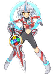 Rule 34 | 1girl, ankle band, armor, black bodysuit, blush, bodysuit, boots, breasts, clothing cutout, cross (crossryou), grey armor, grey bodysuit, grey footwear, headpiece, high heels, holding, hoop, knee boots, large breasts, looking at viewer, navel, navel cutout, orb calibur, orb ring, personification, red bodysuit, red footwear, short hair, silver hair, smile, standing, sword, ultra series, ultraman orb, ultraman orb (character), weapon, white background, wristband, yellow eyes