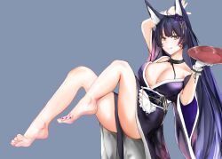 Rule 34 | 1girl, absurdres, animal ears, azur lane, barefoot, black hair, breasts, cleavage, cup, feet, highres, japanese clothes, large breasts, licking lips, long hair, looking at viewer, musashi (azur lane), nail polish, sakazuki, soles, solo, toes, tongue, tongue out, yellow eyes