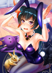 Rule 34 | 10s, 1girl, animal ears, blue hair, blush, breasts, cleavage, commentary request, fake animal ears, fishnet pantyhose, fishnets, hair bun, highres, hkn (ringya), jewelry, leotard, long hair, looking at viewer, love live!, love live! sunshine!!, necklace, open mouth, pantyhose, playboy bunny, purple eyes, rabbit, rabbit ears, rabbit girl, single hair bun, solo, tears, tsushima yoshiko, wrist cuffs