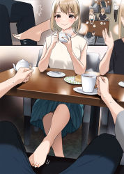 Rule 34 | 1girl, barefoot, blonde hair, brown eyes, cafe, chair, coffee cup, cup, disposable cup, feet, highres, light blush, looking at viewer, medium hair, nail polish, sitting, skirt, sleeveless, smile, table, toenail polish, toenails, toes, under table