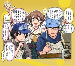 Rule 34 | 1boy, 2girls, apron, black eyes, black hair, blue headwear, brown hair, commentary request, cooking pot, cowboy shot, detached sleeves, glasses, grey eyes, headgear, heizou (hezo3361), hiei (kancolle), highres, japan maritime self-defense force, japan self-defense force, japanese clothes, kantai collection, military, multiple girls, nontraditional miko, open mouth, original, plaid, plaid skirt, pleated skirt, short hair, skirt, spoon, translation request