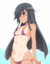 Rule 34 | 10s, 1girl, bare arms, bare shoulders, bikini, black hair, blush, breasts, collarbone, commentary request, cowboy shot, embarrassed, frown, hair over one eye, hair ribbon, halterneck, hayashimo (kancolle), kantai collection, long hair, looking at viewer, micro bikini, navel, one-piece tan, panties, purple bikini, purple ribbon, ribbon, side-tie bikini bottom, side-tie panties, sidelocks, small breasts, solo, stomach, straight hair, strap gap, sweat, sweatdrop, swimsuit, tan, tanline, two-tone background, underwear, upper body, white background, yoshi tama