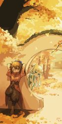 Rule 34 | autumn leaves, bai yuxiu, bireabcd, boots, chinese clothes, dated, feng ling&#039;er, feng ling yu xiu, hair ornament, hairpin, hanfu, highres, looking at another, pants, sash, scarf, tomboy, tree, white hair