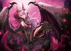 Rule 34 | 159cm, 1girl, animal ears, dragon girl, dragon horns, dragon tail, dragon wings, dress, holding, horns, long hair, looking at viewer, malzeno (monster hunter), monster girl, monster hunter (series), open mouth, personification, pink hair, red eyes, solo, spread wings, tail, wings