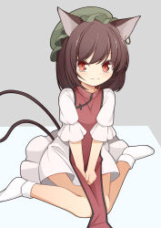 Rule 34 | 1girl, :3, adapted costume, animal ear piercing, animal ears, brown hair, cat ears, cat tail, chen, closed mouth, commentary request, earrings, flat chest, full body, grey background, hat, hekkmushi, highres, jewelry, light blush, light smile, looking at viewer, mob cap, multiple tails, nekomata, petite, puffy short sleeves, puffy sleeves, red eyes, red tabard, short hair, short sleeves, simple background, single earring, sitting, sleeves past elbows, socks, solo, swept bangs, tabard, tail, touhou, two tails, wariza