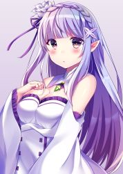 Rule 34 | 10s, 1girl, bad id, bad pixiv id, bare shoulders, blush, braid, breasts, cleavage, closed mouth, emilia (re:zero), hair ornament, hair ribbon, hand on own chest, highres, large breasts, long hair, looking at viewer, minami saki, pointy ears, purple eyes, purple hair, purple ribbon, re:zero kara hajimeru isekai seikatsu, ribbon, solo, upper body