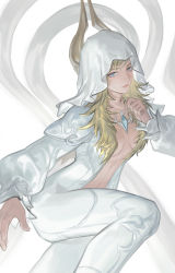 Rule 34 | 1girl, blonde hair, blue eyes, breasts, center opening, final fantasy, final fantasy xiv, hood, hood up, lmin, long hair, looking at viewer, medium breasts, no bra, official alternate costume, possessed, possession, ryne waters, shiva (final fantasy), solo, white background