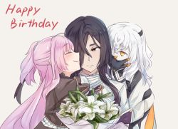 Rule 34 | 3girls, ahoge, auo123, beige background, black choker, black hair, blush, bouquet, brown eyes, character request, choker, closed mouth, closed eyes, flower, hair over one eye, happy birthday, holding, holding bouquet, hug, long hair, looking at another, multiple girls, origami yukari, pink hair, ponytail, simple background, sleeves rolled up, smile, tagme, toji no miko, tsubakuro yume, white flower, white hair, yellow eyes, yuri
