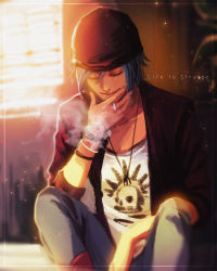 Rule 34 | 1girl, bad id, bad pixiv id, blue hair, blue nails, bracelet, character name, chloe price, cigarette, closed eyes, copyright name, gradient background, hat, highres, jewelry, life is strange, nail polish, necklace, noriuma, sitting, smoking, solo, sunlight, window, window shadow