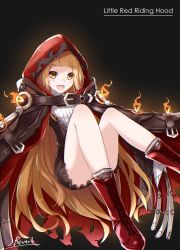 Rule 34 | 1girl, absurdres, artist name, bare legs, bee doushi, belt, belt buckle, black background, blonde hair, blunt bangs, boots, brown belt, buckle, cape, character name, dress, fire, highres, hood, hood up, hooded cape, long hair, looking at viewer, open mouth, red cape, red footwear, red hood, red riding hood (sinoalice), short dress, simple background, sinoalice, solo, wavy hair, yellow eyes