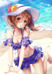 Rule 34 | 1girl, anklet, beach, bikini, blush, bracelet, breasts, brown eyes, brown hair, cleavage, day, flower, frilled bikini, frills, hat, hat flower, idolmaster, idolmaster cinderella girls, idolmaster cinderella girls starlight stage, jewelry, long hair, looking at viewer, medium breasts, navel, paint musume, parted lips, smile, solo, swimsuit, totoki airi, twintails