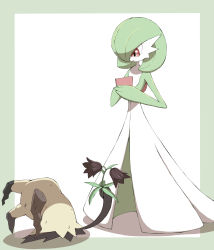Rule 34 | :o, absurdres, brown flower, commentary request, creatures (company), flower, game freak, gardevoir, gen 3 pokemon, gen 7 pokemon, highres, holding, holding flower, looking down, mimikyu, nintendo, open mouth, pokemon, pokemon (creature), red eyes, shabana may, standing, tongue