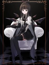 Rule 34 | 1girl, absurdres, antenna hair, arknights, arm rest, armchair, ascot, black ascot, black background, black bustier, black eyes, black footwear, black garter straps, black gloves, black hair, black halo, black skirt, black thighhighs, black wings, blunt bangs, breasts, broken halo, bustier, buttons, chair, closed mouth, coat, collared coat, colored inner hair, commentary, dark halo, detached wings, diamond-shaped pupils, diamond (shape), dress shirt, energy wings, eyelashes, floor, from side, full body, garter straps, gloves, grey hair, grey shirt, hair intakes, halo, hand on own leg, high collar, high heels, highres, hime cut, knees, knees together feet apart, lace, lace-trimmed skirt, lace trim, layered sleeves, legs, light particles, light smile, long hair, long sleeves, looking at viewer, looking to the side, marble floor, miniskirt, multicolored hair, nishimiya aki, on chair, pale skin, pleated skirt, shirt, short over long sleeves, short sleeves, sidelocks, sitting, skirt, small breasts, solo, spotlight, straight hair, strap, strappy heels, symbol-shaped pupils, tailcoat, thighhighs, thighs, two-tone hair, very long hair, virtuosa (arknights), white coat, wide sleeves, wing collar, wings, yellow pupils, zettai ryouiki