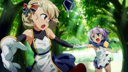 Rule 34 | 2girls, anime coloring, azur lane, bare shoulders, black gloves, blonde hair, blue eyes, blue scarf, blush, bow, bracelet, crown, dappled sunlight, day, dress, elbow gloves, eye contact, foreshortening, forest, gloves, green eyes, hair bow, hair ornament, highres, holding hands, javelin (azur lane), jewelry, looking at another, mini crown, multiple girls, nature, open mouth, outdoors, perspective, purple hair, running, scarf, short dress, short hair, single glove, sunlight, tomato (lsj44867), tree, white dress, white gloves, z23 (azur lane)