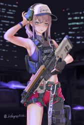 Rule 34 | 1girl, absurdres, alternate costume, ar-15, ar-57, ar-57 (girls&#039; frontline), armpits, assault rifle, baseball cap, black gloves, black shirt, black thighhighs, blue eyes, carbine, crop top, fingerless gloves, girls&#039; frontline, gloves, gun, hat, headphones, highres, holding, holding gun, holding weapon, holster, lithographica, long hair, looking at viewer, midriff, navel, personal defense weapon, pink hair, pistol-caliber carbine, ponytail, red shorts, rifle, scope, shirt, short shorts, shorts, single glove, single thighhigh, sleeveless, sleeveless shirt, solo, submachine gun, thigh holster, thighhighs, trigger discipline, twitter username, weapon
