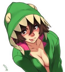 Rule 34 | 1girl, breasts, brown eyes, brown hair, cleavage, collarbone, cosplay, dinosaur costume, feguimel, looking at viewer, no bra, open clothes, original, short hair, solo, tongue, tongue out, upper body, white background