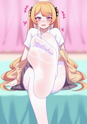 Rule 34 | 1girl, absurdres, blonde hair, blush, feet, female focus, foot focus, heart, heart-shaped pupils, highres, long hair, looking at viewer, open mouth, original, pantyhose, pink eyes, sitting, skirt, soles, solo, symbol-shaped pupils, toes, twintails, white pantyhose, yao (pixiv9482697)