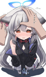 Rule 34 | 1girl, 1other, animal ears, black dress, black jacket, blue archive, blush, breasts, brown eyes, china dress, chinese clothes, disembodied limb, dress, ear fondling, embarrassed, foreshortening, from above, grey hair, headpat, highres, jacket, kokona (blue archive), long hair, looking at viewer, looking up, namaonpa, off shoulder, open mouth, pleated skirt, shoes, skirt, sleeveless, sleeveless dress, small breasts, sweat, tiger ears, tiger girl, very long hair, white footwear, white skirt