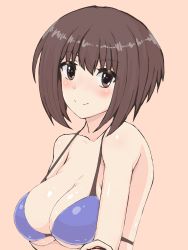 Rule 34 | 1girl, absurdres, alice gear aegis, bare shoulders, bikini, bikini top only, blush, breasts, brown eyes, brown hair, cleavage, collarbone, front-tie top, halterneck, highres, husima, large breasts, looking at viewer, open mouth, short hair, simple background, smile, solo, string bikini, suga itsuri, swimsuit, upper body