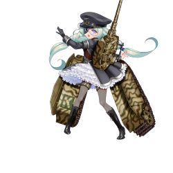 Rule 34 | 1girl, black gloves, blue eyes, boots, braid, camouflage, cannon, eyepatch, frilled skirt, frills, full body, gloves, green hair, gun, hat, kleist (milihime taisen), long hair, looking at viewer, machine gun, milihime taisen, military, military hat, military uniform, official art, open mouth, pantyhose, single glove, skirt, solo, translation request, transparent background, twin braids, uniform, weapon