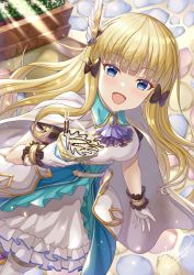 Rule 34 | 1girl, black bow, blonde hair, blue eyes, blunt bangs, blush, bow, breasts, elf, food, hair bow, hair ornament, highres, izumo-ss-yoshitunedenn, large breasts, long hair, looking at viewer, open mouth, pancake, pointy ears, princess connect!, saren (princess connect!), smile, solo