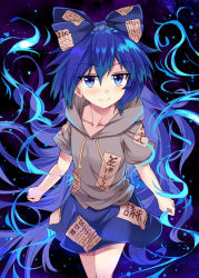 Rule 34 | 1girl, aura, blue bow, blue eyes, blue hair, blue skirt, blush, bow, collarbone, commentary request, debt, drawstring, e.o., feet out of frame, grey hoodie, hair between eyes, hair bow, highres, hood, hoodie, light particles, long hair, looking at viewer, miniskirt, short sleeves, skirt, sky, smile, solo, star (sky), starry sky, thighs, touhou, very long hair, yorigami shion