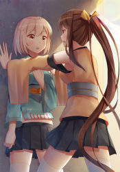 Rule 34 | 2girls, arm at side, black skirt, blush, bow, brown eyes, brown hair, character request, detached sleeves, eye contact, hair bow, highres, hiryuu (warship girls r), ji dao ji, long hair, looking at another, multiple girls, open mouth, ponytail, short hair, skirt, souryuu (warship girls r), standing, thighhighs, kabedon, warship girls r, white hair, white legwear, wide sleeves, yellow bow