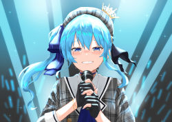 Rule 34 | 1girl, 6mint, absurdres, beret, black gloves, blue eyes, blue hair, blue nails, blush, commentary request, crying, crying with eyes open, gloves, hat, highres, holding, holding microphone, hololive, hoshimachi suisei, hoshimachi suisei (1st costume), looking at viewer, microphone, nail polish, partially fingerless gloves, side ponytail, solo, tears, upper body, virtual youtuber
