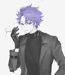 Rule 34 | 1boy, absurdres, black gloves, black sweater, cigarette, colored skin, earrings, gloves, grey jacket, highres, holding, holding cigarette, jacket, jewelry, male focus, open clothes, open jacket, purple hair, red eyes, saibou shinkyoku, short hair, simple background, sketch, smoke, solo, sweater, theodore riddle, turtleneck, turtleneck sweater, upper body, white background, white skin, yige 13