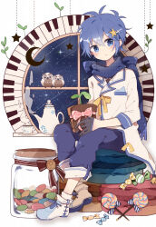 Rule 34 | 1girl, animal, ankle socks, bell, bird, black gloves, blue eyes, blue hair, blue pants, blue scarf, bow, bowtie, breast pocket, brown ribbon, candy, checkered clothes, checkered scarf, circle, coat, crescent moon, cup, dot nose, expressionless, fenghu (huli), floral print, flower pot, food, fringe trim, gloves, hair between eyes, hair ornament, hairclip, half gloves, highres, holding, holding flower pot, instrument, jar, jelly bean, jingle bell, kaito (vocaloid), leaf, light blush, lollipop, looking to the side, moon, night, night sky, owl, pants, parted lips, piano, pink ribbon, plant, pocket, ribbon, saucer, scarf, shoes, shooting star, sideways glance, simple background, sky, sleeping, socks, solo, sprout, star (sky), star (symbol), star hair ornament, starry sky, steam, striped ribbon, swirl lollipop, teacup, teapot, two-tone footwear, unmoving pattern, vocaloid, white background, white coat, white socks, window, wing collar, zzz