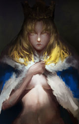 Rule 34 | 1girl, ahoge, artoria pendragon (fate), blonde hair, breasts, cape, caviar (lunar sama), crown, fate/stay night, fate (series), highres, long hair, naked cape, nude, saber (fate), solo, underboob, yellow eyes