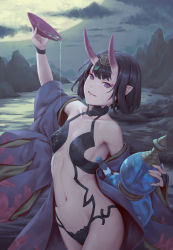 Rule 34 | 1girl, alcohol, bare shoulders, bigrbear, black hair, bob cut, cloud, collarbone, covered erect nipples, cup, eyeshadow, fate/grand order, fate (series), gourd, headpiece, highres, horns, japanese clothes, kimono, lake, looking at viewer, makeup, moon, mountain, navel, night, oni, open clothes, open kimono, parted lips, pointy ears, pouring, pouring onto self, purple eyes, purple kimono, revealing clothes, sakazuki, sake, short eyebrows, short hair, shuten douji (fate), skin-covered horns, smile, solo, water