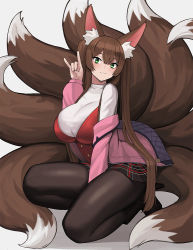 Rule 34 | 1girl, :3, animal ear fluff, animal ears, arm between legs, between thighs, black footwear, black pantyhose, blunt bangs, blush, boots, breasts, brown hair, closed mouth, commission, donburi (donburikazoku), fox ears, fox shadow puppet, fox tail, green eyes, hair between eyes, hand up, high heel boots, high heels, huge breasts, jacket, kneeling, long hair, long sleeves, looking at viewer, multiple tails, original, pantyhose, pink jacket, plaid, plaid skirt, pleated skirt, plushmallow, shirt, sidelocks, simple background, skirt, solo, tail, twintails, very long hair, white background, white shirt