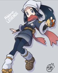 Rule 34 | 1girl, :d, akari (pokemon), black hair, black pantyhose, black shirt, brown footwear, commentary request, copyright name, creatures (company), eyelashes, game freak, grey background, grey eyes, head scarf, highres, hiisu (s-1104-d), holding, holding poke ball, jacket, looking at viewer, loose socks, nintendo, open mouth, pantyhose, poke ball, poke ball (legends), pokemon, pokemon legends: arceus, ponytail, shirt, shoes, sidelocks, signature, simple background, skirt, smile, socks, solo, tongue, white headwear, white pantyhose